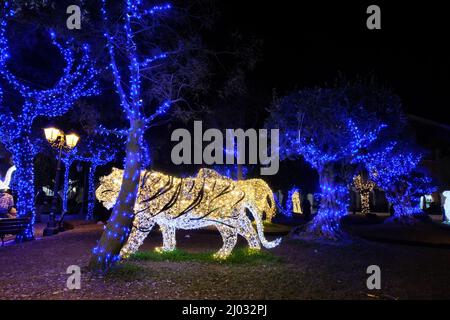 Luci di Natale a Gaeta, 2021 dicembre, Lazio, Italia. Rappresentazione di una tigre Foto Stock