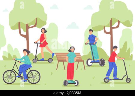 Trasporto ecologico mobile, persone che cavalcano bici elettrica o bicicletta nel parco. Uomo e donna che si muovono con veicoli eco-compatibili illustrazione vettoriale. Sport sano Illustrazione Vettoriale
