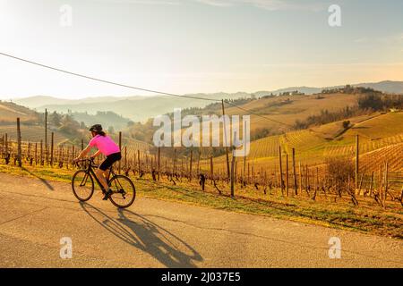 Ciclista che passa vigneto sul percorso panoramico, Canelli, Piemonte, Italia, Europa Foto Stock