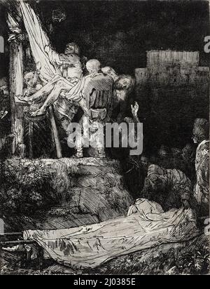 La discesa dalla Croce di Torchlight. Rembrandt Harmensz. Van Rijn (Paesi Bassi, Leiden, 1606-1669). Olanda, 1654. Stampe; incisioni. Incisione e punto secco Foto Stock