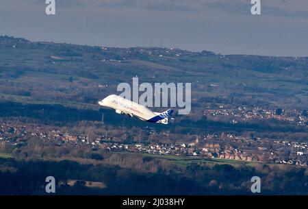 Airbus Beluga utilizzato per il trasporto di ali di aeromobili, decollo dal sito Airbus a Hawarden, Galles settentrionale, Regno Unito Foto Stock