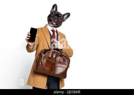 Arte creativa contemporanea collage con giovane uomo d'affari a testa di cane. Idee, ispirazione, emozioni. Surrealismo, concetto di business Foto Stock