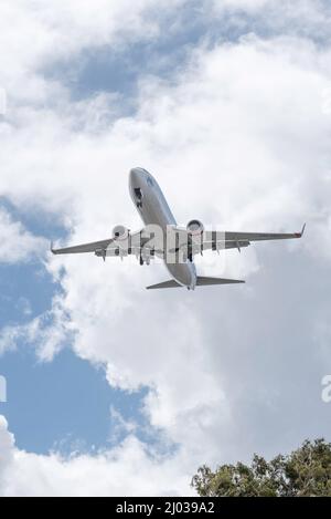 Virgin Australia Airlines, Boeing 737-8FE aereo VH-VUJ 'Rosebud Beach' con le ruote verso il basso come si avvicina l'aeroporto di Sydney in Australia da nord Foto Stock