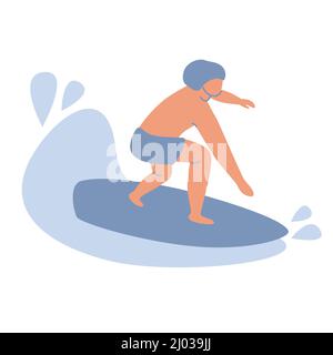 personaggio surfista in muta che cavalca sull'onda dell'oceano. Sport acquatici estivi con surf, surf club o scuola, hobby attivo illustrazione vettoriale Illustrazione Vettoriale