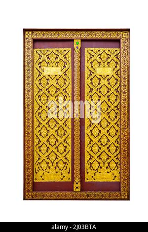 Porta tempio in stile thailandese incisione in legno artigianale colore dorato Foto Stock