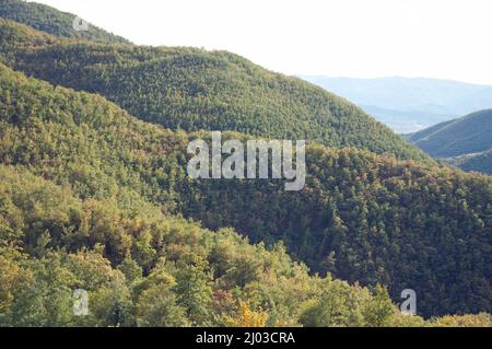 Vista sulle colline toscane da montagna, Provincia d'Arezzo, Toscana, Italia Foto Stock