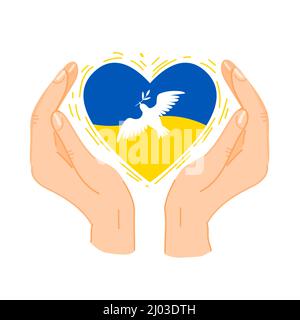 Cuore nei colori della bandiera Ucraina con colomba bianca di pace, proteggere attentamente le mani aiutando. Pace per l'Ucraina. Prega per l'Ucraina. Simbolo di concetto Illustrazione Vettoriale