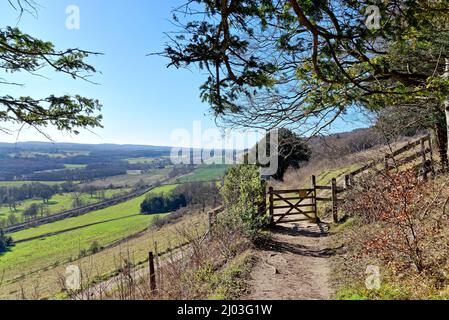 La vista che guarda ad ovest da Ranmore Common nelle Surrey Hills con un cancello di legno in primo piano in un giorno d'inverno soleggiato, Dorking Inghilterra UK Foto Stock