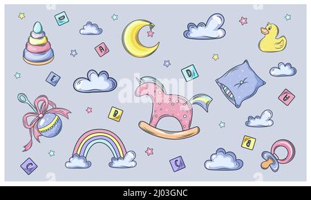 Grande set di baby shower Vector set di elementi per bambini luminosi e carini. Set di giocattoli, bambole, vestiti e altri articoli per bambini. Illustrazione Vettoriale