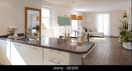 Appartamento moderno con vista open space, cucina con isola, grande tavolo con sedie e un divano sullo sfondo. Nessuno dentro Foto Stock