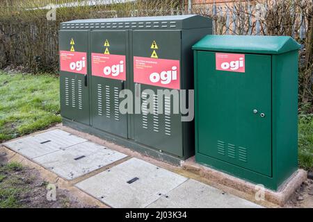Impianti di fibra a banda larga Ogi, Abergavenny, Galles, Regno Unito Foto Stock