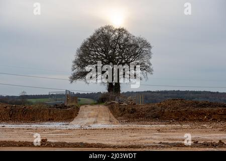 Wendover, Aylesbury, Regno Unito. 15th marzo 2022. HS2 stanno costruendo un'altra strada di trasporto per i loro autocarri attraverso l'ex terreno agricolo a Little Hunts Green Farm e Grim's Ditch un antico monumento programmato, parte del quale è stato distrutto entro il HS2. Un enorme viadotto sarà costruito entro il HS2 da dove il treno uscirà dal tunnel al Portale Nord a South Heath, Great Missenden attraverso la valle attraverso Wendover. La controversa costruzione della ferrovia ad alta velocità del HS2 da Londra a Birmingham è già ampiamente in eccesso di budget. Credit: Maureen McLean/Alamy Foto Stock