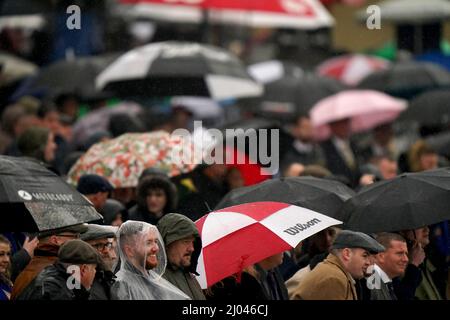 I Racegoers si rifugiano sotto gli ombrelloni il secondo giorno del Cheltenham Festival all'ippodromo di Cheltenham. Data foto: Mercoledì 16 marzo 2022. Foto Stock