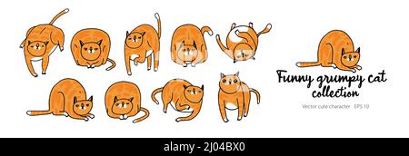 Personaggio rosso del gatto. Cat pone ed emozioni impostate. Carino, pigro e Grumpy Kitty. Collezione vettoriale con Ginger Cat Funny in diverse pose. Cartoon Doodle Illustrazione Vettoriale