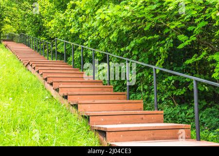 Scala in legno dipinta di vernice marrone nel parco conduce fino alla collina, la montagna Foto Stock