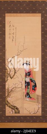 Bellezza ammirando un Warbler su un albero di susina. Tsukioka Settei (Giappone, 1710-1786). Giappone, 18th secolo. Quadri; scorre. Rotolo sospeso; inchiostro e colore su seta Foto Stock