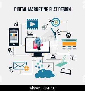 Concetto di marketing digitale immagine vettoriale flat design. Marketing dei contenuti, promozione, condivisione, strategia, marketing digitale, web advertising concetto Illustrazione Vettoriale