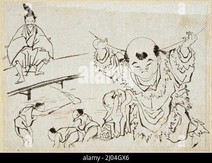 Samurai, lavoratori e Bambini. Attribuito a Kawanabe Kyōsai (Giappone, 1831-1889). Giappone, 19th secolo. Disegni. Inchiostro sulla carta Foto Stock