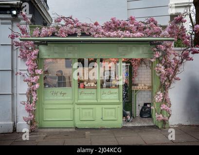Street cafe a Notting Hill, Londra circondato da ciliegi in fiore. Foto Stock