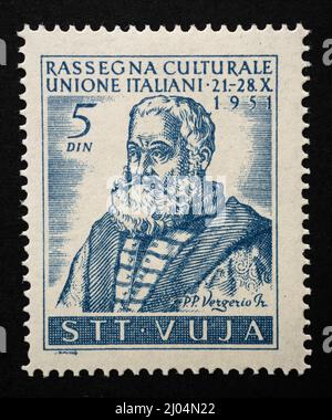 Timbro commemorativo del giurista Pietro Paolo Vergerio dell'ex Jugoslavia con la sovrastampa del territorio libero di Trieste, zona B della Foto Stock