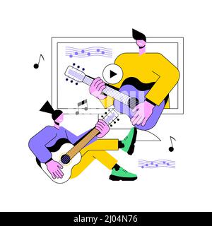 Lezioni di musica online concetto astratto illustrazione vettoriale. Videoconferenza dal vivo, insegnante di musica, quarantena covid, pratica privata online, consulenza professionale, rimani a casa metafora astratta. Illustrazione Vettoriale