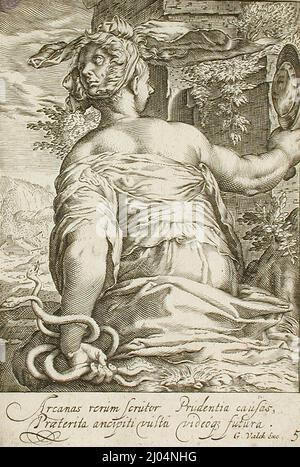 Prudenza. Jacob Matham (Olanda, Haarlem, 1571-1631)Hendrik Goltzius (dopo) (Olanda, Mülbracht, 1558-1617). Olanda, 1597. Stampe; incisioni. Incisione Foto Stock