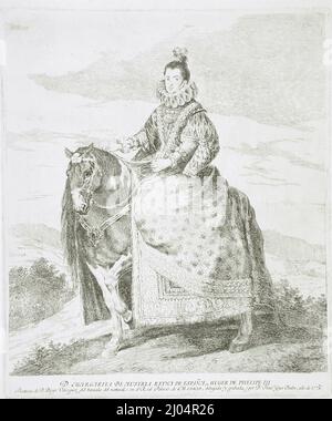 Margarita d'Austria, Regina di Spagna, a Horseback. Francisco Goya y Lucientes (Spagna, Fuendetodos, 1746-1828)Diego de Silva y Velázquez. Spagna, 1778. Stampe; incisioni. Incisione, con iscrizione incisa Foto Stock