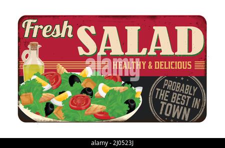 Insalata fresca vintage arrugginita segno di metallo su sfondo bianco, illustrazione vettoriale Illustrazione Vettoriale
