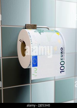 3D rendering di rotolo di carta igienica con impresso 100 Euro su dispenser a parete Foto Stock