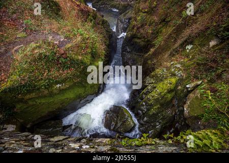 Guardando verso il basso dal ponte superiore di Packhorse sopra le acque di tuoning della forza di Aira in inverno, Lake District, Inghilterra Foto Stock