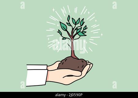 La persona che tiene in mani l'albero in terra mostra la cura circa la natura e l'ambiente. Uomo con piantina in terreno impegnato in giardinaggio o hobby verde. Sicurezza e protezione del pianeta. Illustrazione vettoriale. Illustrazione Vettoriale