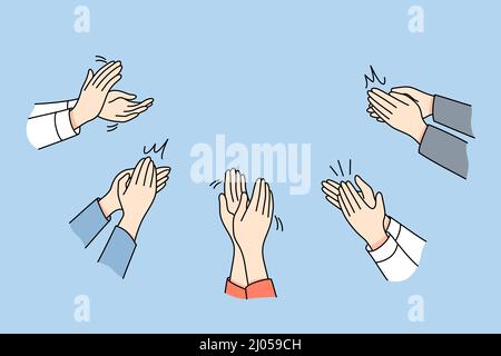 Il primo piano di persone diverse crap mani mostrare apprezzamento e riconoscimento. Uomini e donne uomini d'affari applaudono si sentono grati per aver presentato. Illustrazione vettoriale. Illustrazione Vettoriale