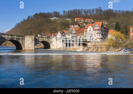 Ponte Old Werra, fiume Werra, Hannoversch Münden, bassa Sassonia, Germania, Europa Foto Stock