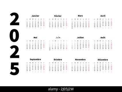 2025 anni semplice calendario orizzontale in francese, calendario tipografico isolato su bianco Illustrazione Vettoriale