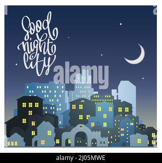 Città sera in stile piatto, silhouette di case con luce nelle finestre. Scritta Goog Night City al cielo blu scuro, la luna e le stelle Illustrazione Vettoriale