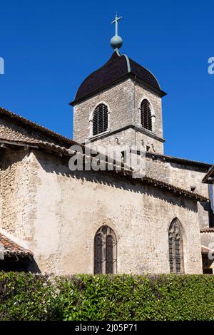 Campanile di Perouges, uno dei più bei villaggi della Francia. Foto Stock