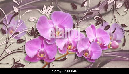Orchidee rosa su tessuto tessuto tessuto tessuto tessuto tessuto. 3d carta da parati Foto Stock