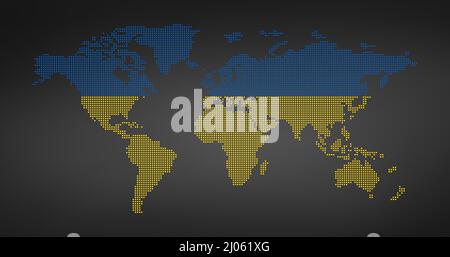 Mappa punteggiata del mondo con colore Bandiera ucraina. Mappa pixel dell'Ucraina. Mappa punteggiata dell'illustrazione del vettore mondiale. Illustrazione Vettoriale