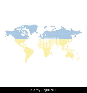 Mappa punteggiata del mondo con colore Bandiera ucraina. Mappa pixel dell'Ucraina. Mappa punteggiata dell'illustrazione del vettore mondiale. Illustrazione Vettoriale