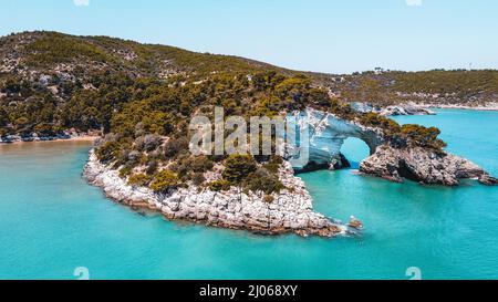 Vista aerea degli alberi su scogliere rocciose sull'acqua sulla spiaggia di Architiello di San Felice, Italia Foto Stock