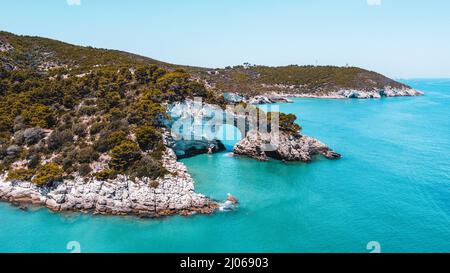 Vista aerea degli alberi su scogliere rocciose sull'acqua nella spiaggia di Architiello di San Felice, Italia Foto Stock