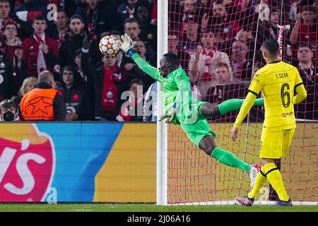 Lille, Francia. 16th Mar 2022. LILLE, FRANCIA - 16 MARZO: Edouard Mendy of Chelsea FC si tuffa durante il turno UEFA Champions League di sedici partite tra Lille OSC e Chelsea FC allo Stade Pierre Mauroy il 16 marzo 2022 a Lille, Francia (Foto di Geert van Erven/Orange Pictures) credito: Orange Pics BV/Alamy Live News Foto Stock