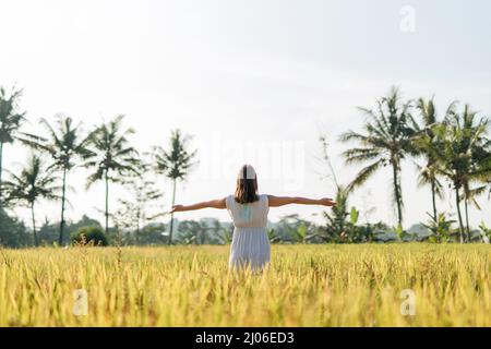 Donna incinta che va in campo con erba verde e danza con volto felice. Sole estate vibes Foto Stock