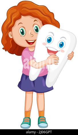 Bambino felice tenendo un dente grande su sfondo bianco illustrazione Illustrazione Vettoriale