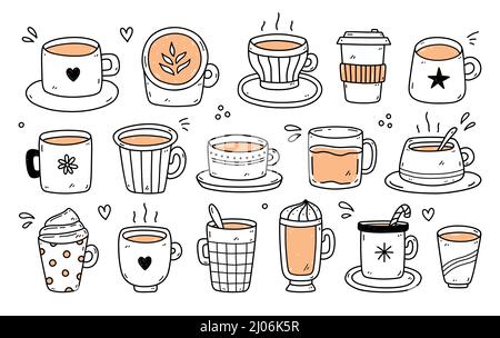 Set di diverse tazze carine con caffè: americano, cappuccino, mocha, caffè da portare via. Illustrazione vettoriale disegnata a mano in stile doodle. Perfetto per le carte Illustrazione Vettoriale