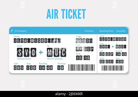 Modern Airline modello di carta d'imbarco. Illustrazione vettoriale del layout del coupon di volo isolato su bianco Illustrazione Vettoriale