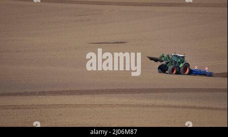 Panker, Germania. 11th Mar 2022. Un agricoltore scava un campo per la semina di avena in un campo a 'Gut Panker' della Hessian House Foundation. Per conservare le grandi aziende dello Schleswig-Holstein sono necessarie aziende agricole forti. Credit: Christian Charisius/dpa/Alamy Live News Foto Stock