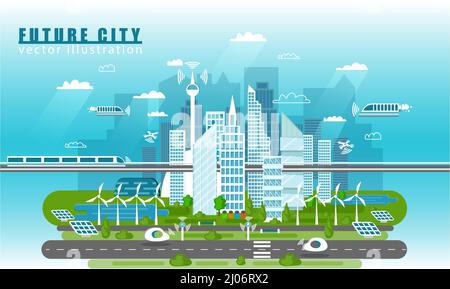 Il paesaggio urbano intelligente del concetto vettoriale futuro in stile piatto. Skyline urbano con tecnologie moderne e auto a guida autonoma Illustrazione Vettoriale