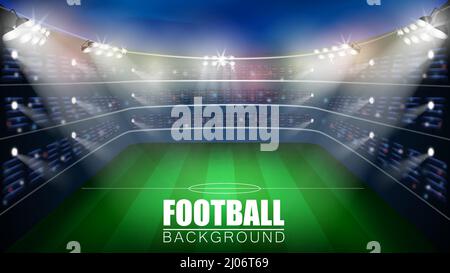 Partita di calcio. Campionato del mondo stadio 3D sfondo vettoriale. Modello poster calcio. Illustrazione Vettoriale