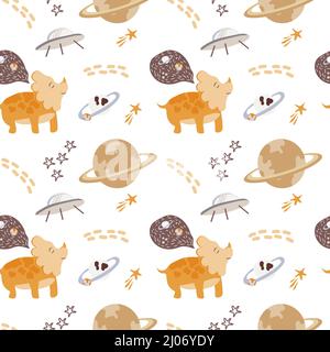 Modello senza cuciture con simpatici dinosauri nello spazio. Dinosauri disegnati in uno stile appiattito su sfondo bianco. Pianeti, stelle e navi spaziali. Jurassic re Illustrazione Vettoriale